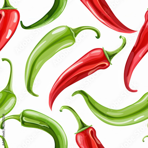 red and green chili peppers Isolated on white background illustration cartoon seamless abstract photo