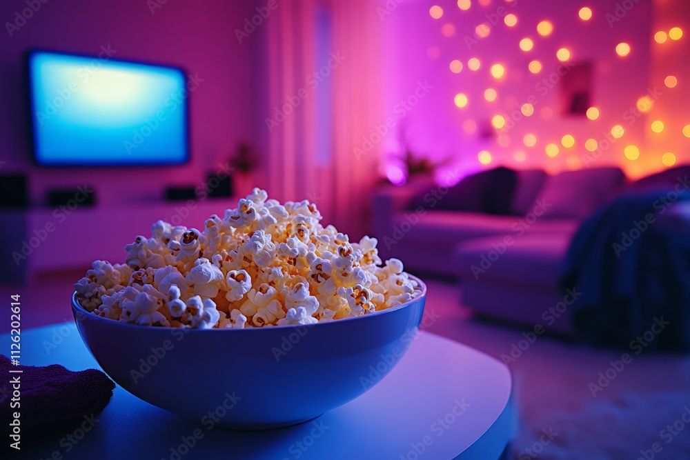 A cozy living room setup with a bowl of freshly popped popcorn on the coffee table, soft glowing lights, and a large TV in the background, perfect for a movie night. A cozy living room setup with a bowl of freshly popped popcorn on the coffee table, soft glowing lights, and a large TV in the background, perfect for a movie night.
