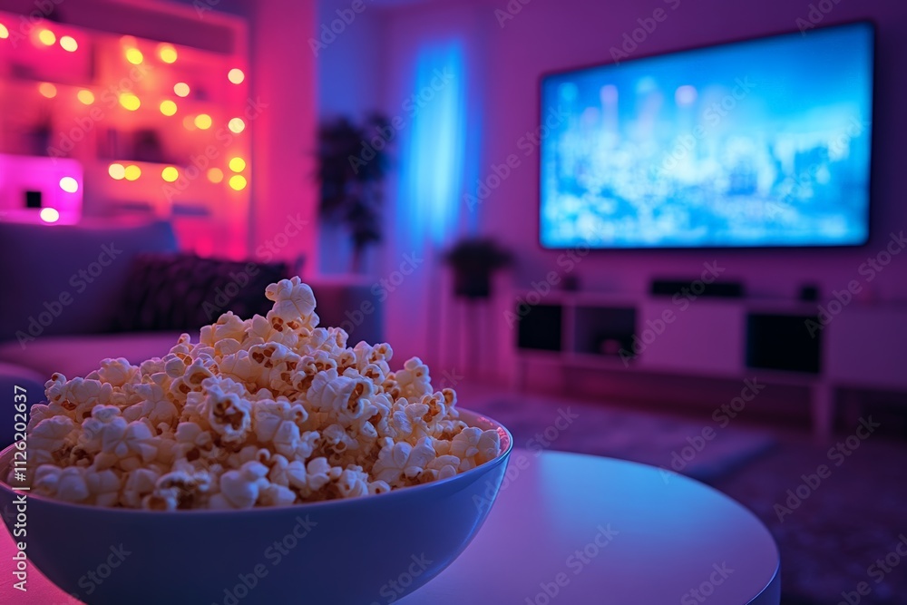 A cozy living room setup with a bowl of freshly popped popcorn on the coffee table, soft glowing lights, and a large TV in the background, perfect for a movie night. A cozy living room setup with a bowl of freshly popped popcorn on the coffee table, soft glowing lights, and a large TV in the background, perfect for a movie night.