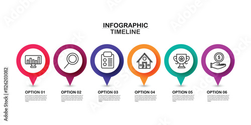 Infographic timeline template with 6 options. Can be used as a chart, diagram, graph for business presentation, annual report, brochure