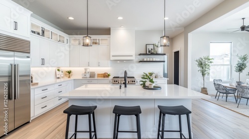Modern kitchen with white cabinets, black stools, hanging lights, hardwood floors, open living space