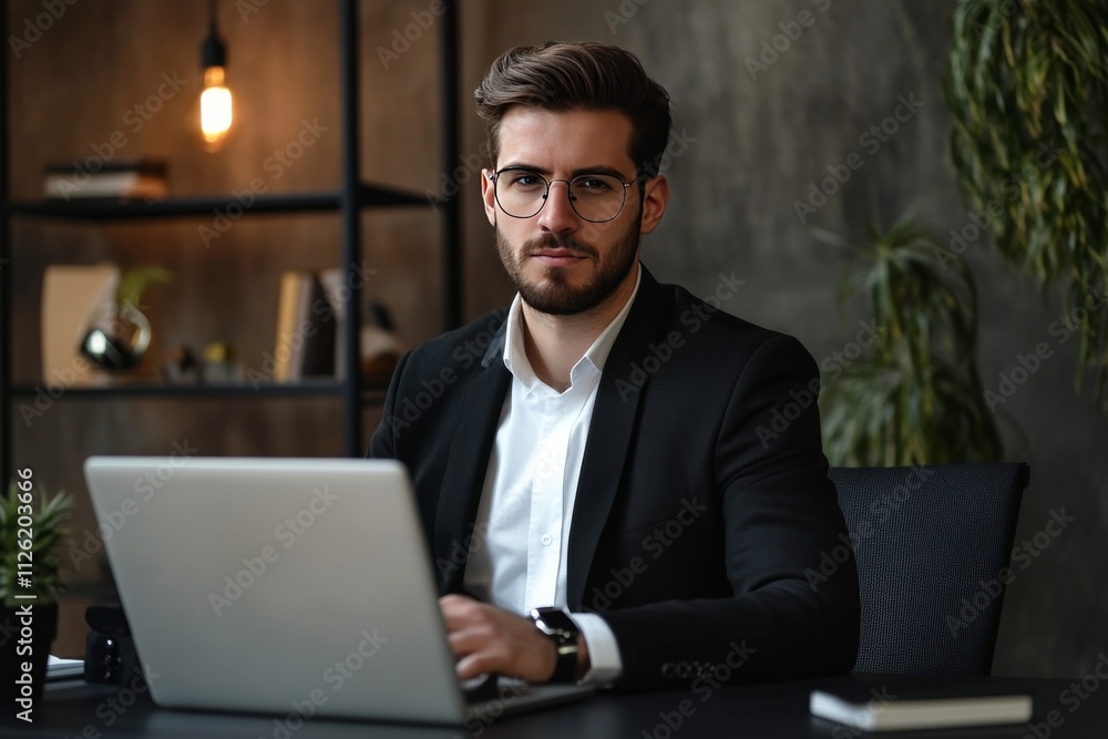 Confident Businessman in Modern Office Setting with Laptop and Stylish Decor in Background Confident Businessman in Modern Office Setting with Laptop and Stylish Decor in Background