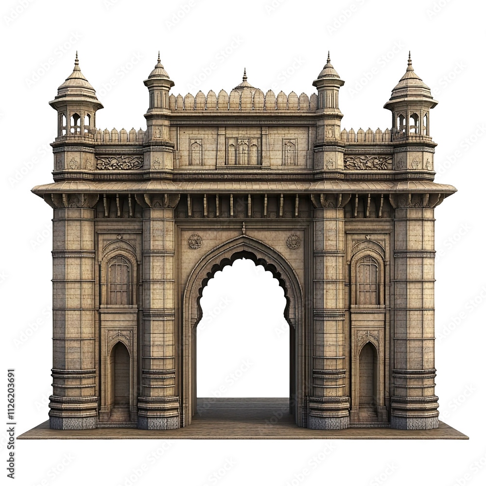 Fototapeta premium 3D front view illustration of the Gateway of India Indian monument isolated on a white transparent background