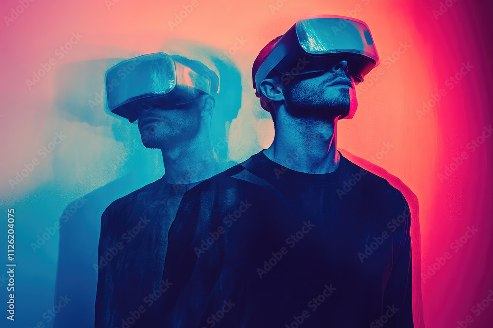 A man immersed in virtual reality with a futuristic headset, depicted with dual exposure in vibrant colors. A man immersed in virtual reality with a futuristic headset, depicted with dual exposure in vibrant colors.
