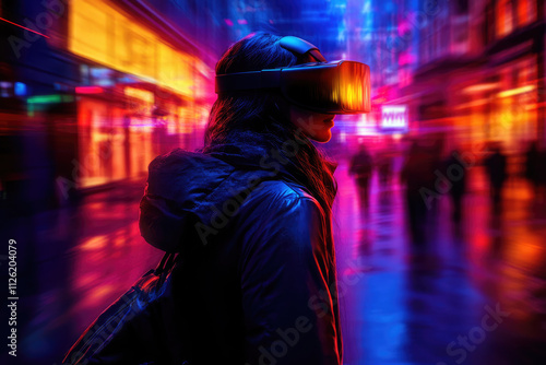 A figure with VR headset immerses into a neon-lit urban street, evoking themes of exploration and modern life.