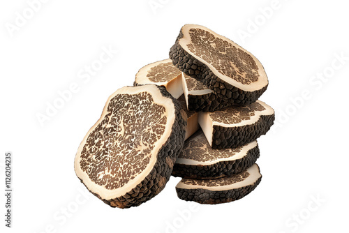 Fresh black Himalayan truffles isolated on white transparent background, great for culinary and gourmet themes. photo