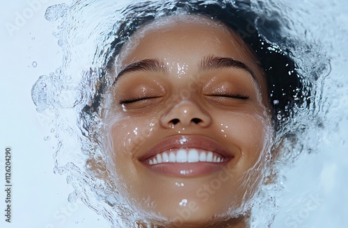 A beautiful woman's face with water splashing on her head, smiling and looking at the camera, against a white background