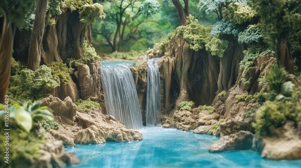 Naklejka premium Miniature Waterfall Oasis: A Serene Escape in a Tranquil Forest