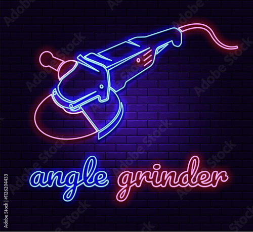 Neon sign angle grinder. The illuminated sign of angle grinder. Modern fashionable design: neon signs, bright night advertising, light banners and installations in the style of light art. Vector.
