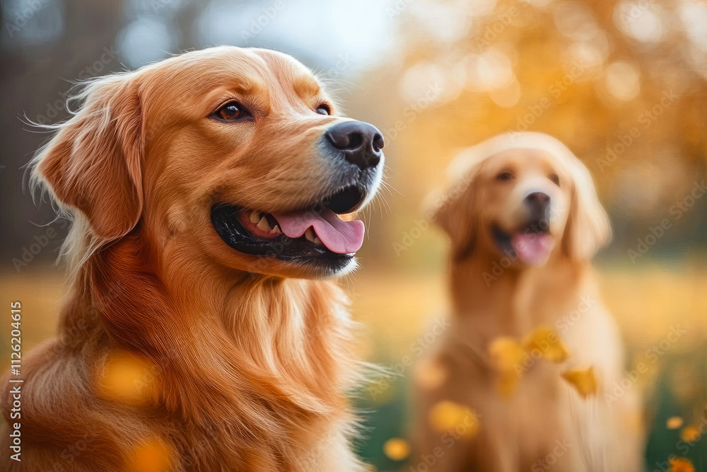Two golden retrievers happily pose among an autumnal field of flowers, reveling in nature's vibrant colors and friendship. Two golden retrievers happily pose among an autumnal field of flowers, reveling in nature's vibrant colors and friendship.