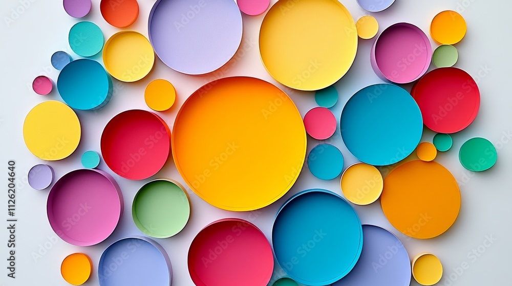 Colorful collage of circles with a yellow center. The circles are of various sizes and colors, creating a vibrant and lively atmosphere. Concept of creativity and playfulness Colorful collage of circles with a yellow center. The circles are of various sizes and colors, creating a vibrant and lively atmosphere. Concept of creativity and playfulness