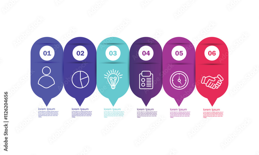 Obraz premium Concept of arrow business model with 6 successive steps. six colourful rectangular elements. Timeline design for brochure, presentation