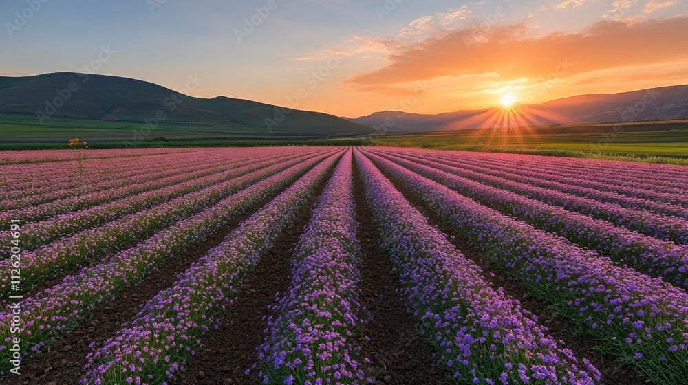Fototapeta premium A vibrant lavender field under a sunset, showcasing rows of blooming flowers and rolling hills.