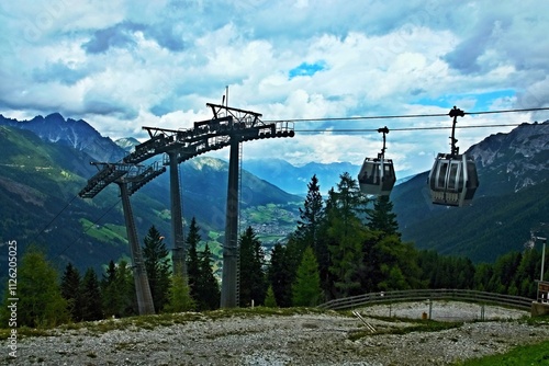 Austrian Alps - view of the Elfer cable car near the upper station in Stubai Alps