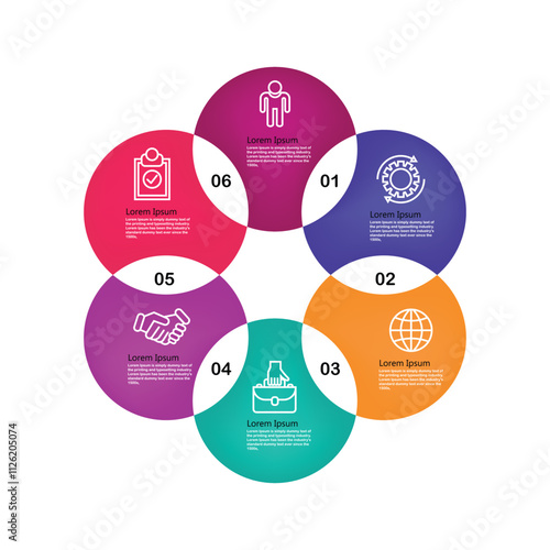Six overlapping circles infographic. Venn diagram concept