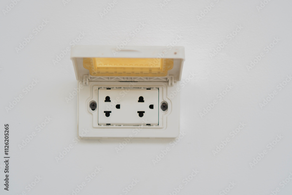 Outdoor electrical outlet with cover on cement wall. Outdoor electrical outlet with cover on cement wall.
