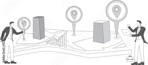 Location services and applications, modern city life, map searching for location or job placement, location symbols on isometric magnifiers connecting people who need to be located
