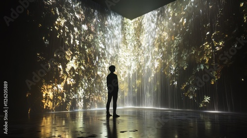 Immersive Digital Waterfall Installation: A Person Silhouetted Against a Glowing Cascade