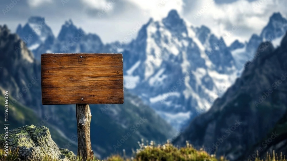 Fototapeta premium A wooden hiking sign with majestic snow-capped mountain peaks in the background, perfect for exploring nature's beauty.