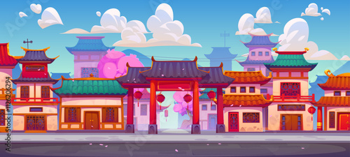 China town landscape. Cartoon vector Chinatown street featuring traditional Chinese buildings, ancient ethnic houses, pagoda temple and gate facades with blooming sakura trees, cultural Asian town