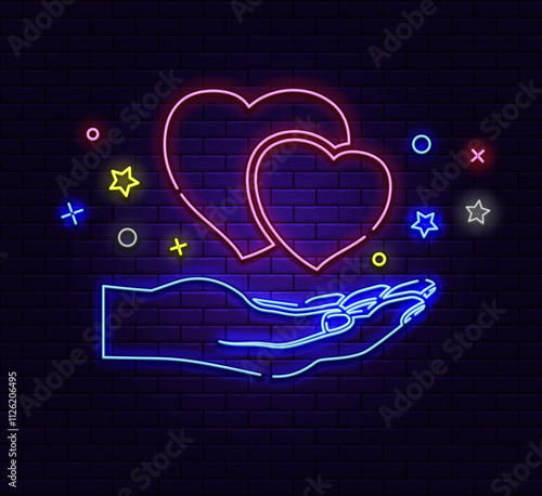 Neon sign Love and care. A luminous sign with a hand with a heart. Modern fashionable design: neon signs, bright night advertising, light banners and installations in the style of light art. Vector