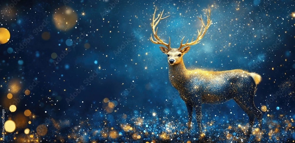 A shiny golden deer with antlers made of stars runs on the left side, against a blue background, with gold glitter and sparkles all around A shiny golden deer with antlers made of stars runs on the left side, against a blue background, with gold glitter and sparkles all around