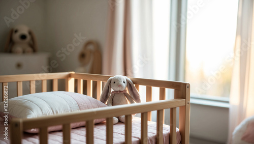 Wallpaper Mural A cozy wooden children's cot with soft pastel bedding and a small stuffed bunny placed inside. The background shows a blurred children's room with soft sunlight. Torontodigital.ca
