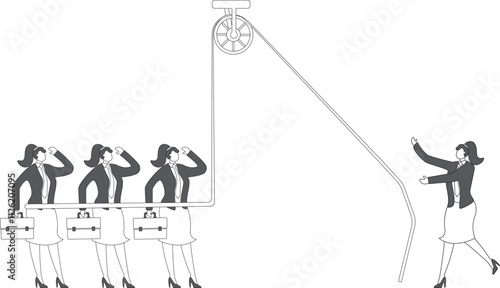 Disengagement from the organization or team, dissatisfaction with the team or organization, the businesswoman throws away the rope that connects the team members and leaves on his own