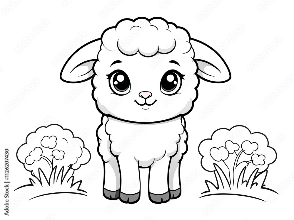 Adorable Little Lamb in a Lush Meadow: A Coloring Page Adorable Little Lamb in a Lush Meadow: A Coloring Page
