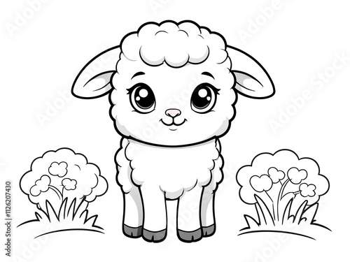 Adorable Little Lamb in a Lush Meadow: A Coloring Page