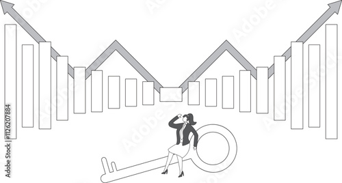 Searching for answers, searching for the key to solving problems, what is the key to success, how to overcome difficulties, the businesswoman sits somberly on the red key and ponders