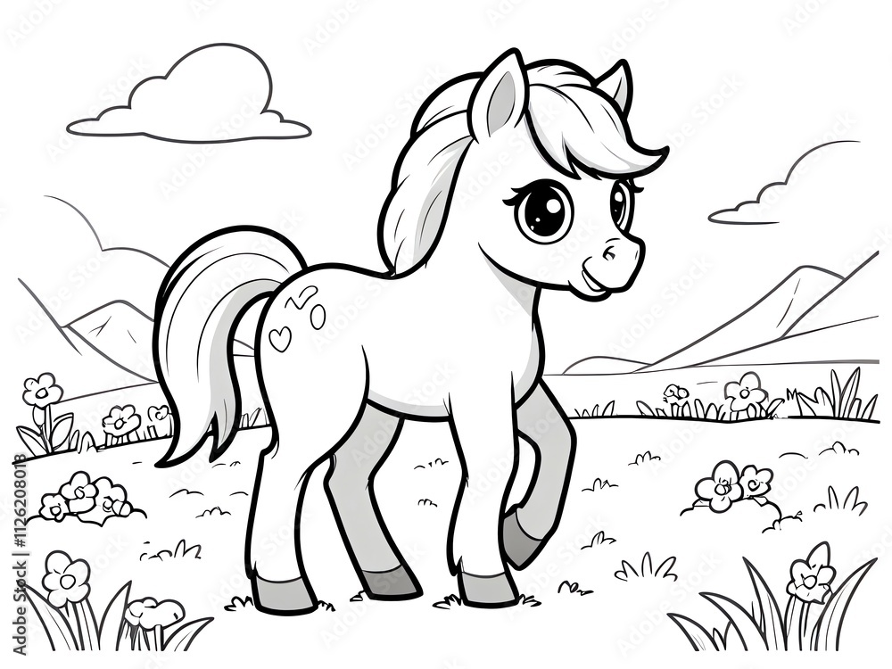 Fototapeta premium Adorable Pony in a Flowery Meadow Coloring Page