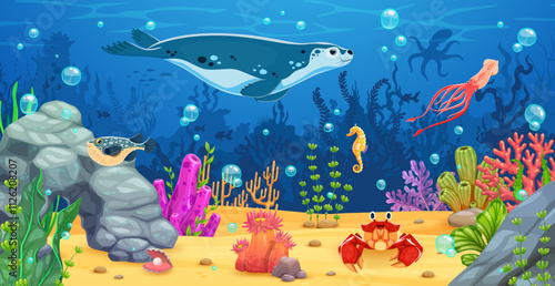 Cartoon underwater landscape with sea animals for game background, vector undersea. Underwater landscape with funny seal or squid and crab and seahorse with fugu fish in ocean seaweeds background