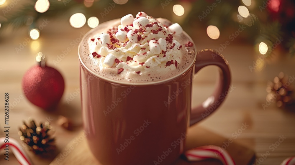 This warm mug of hot chocolate, topped with whipped cream and colorful sprinkles, offers a cozy winter experience. It sits on a wooden table, surrounded by twinkling lights and holiday decor This warm mug of hot chocolate, topped with whipped cream and colorful sprinkles, offers a cozy winter experience. It sits on a wooden table, surrounded by twinkling lights and holiday decor