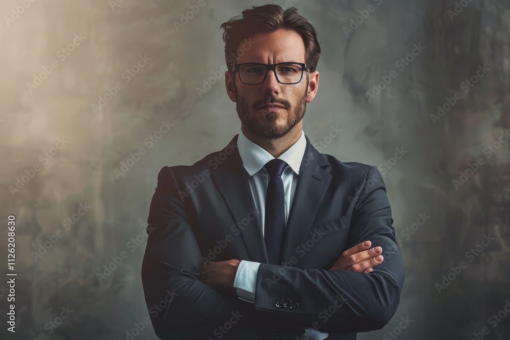 A man in a suit and tie is standing with his arms crossed A man in a suit and tie is standing with his arms crossed