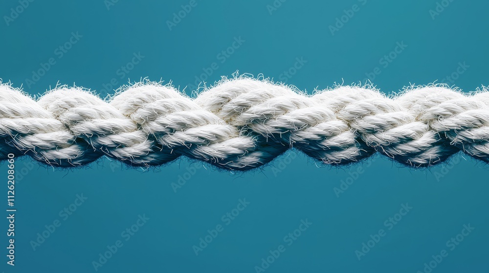 Rope is twisted and knotted, with a blue and white color scheme. The rope appears to be made of white material, and it has a unique and intricate pattern. The rope is long Rope is twisted and knotted, with a blue and white color scheme. The rope appears to be made of white material, and it has a unique and intricate pattern. The rope is long