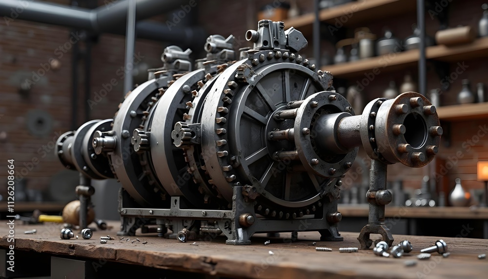 Large and small machines, loose nuts, bolts and screws scattered on a wooden workbench, are the basis of an ongoing manual process Large and small machines, loose nuts, bolts and screws scattered on a wooden workbench, are the basis of an ongoing manual process