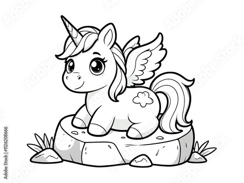 Adorable winged unicorn sitting on a rock, a charming illustration perfect for coloring books, children's storybooks, or fantasy-themed designs. photo