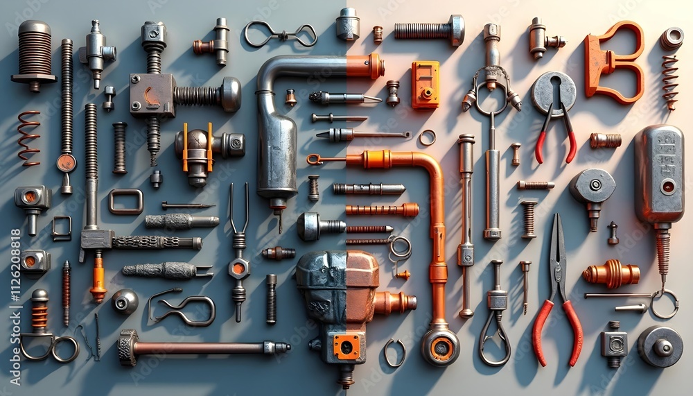 Fototapeta premium Steel objects are juxtaposed with steel cutlery, carabiners and mesh grilles. Hardware such as pliers, hammers, screwdrivers and wrenches, as well as hardware accessories such as knobs, locks and brac