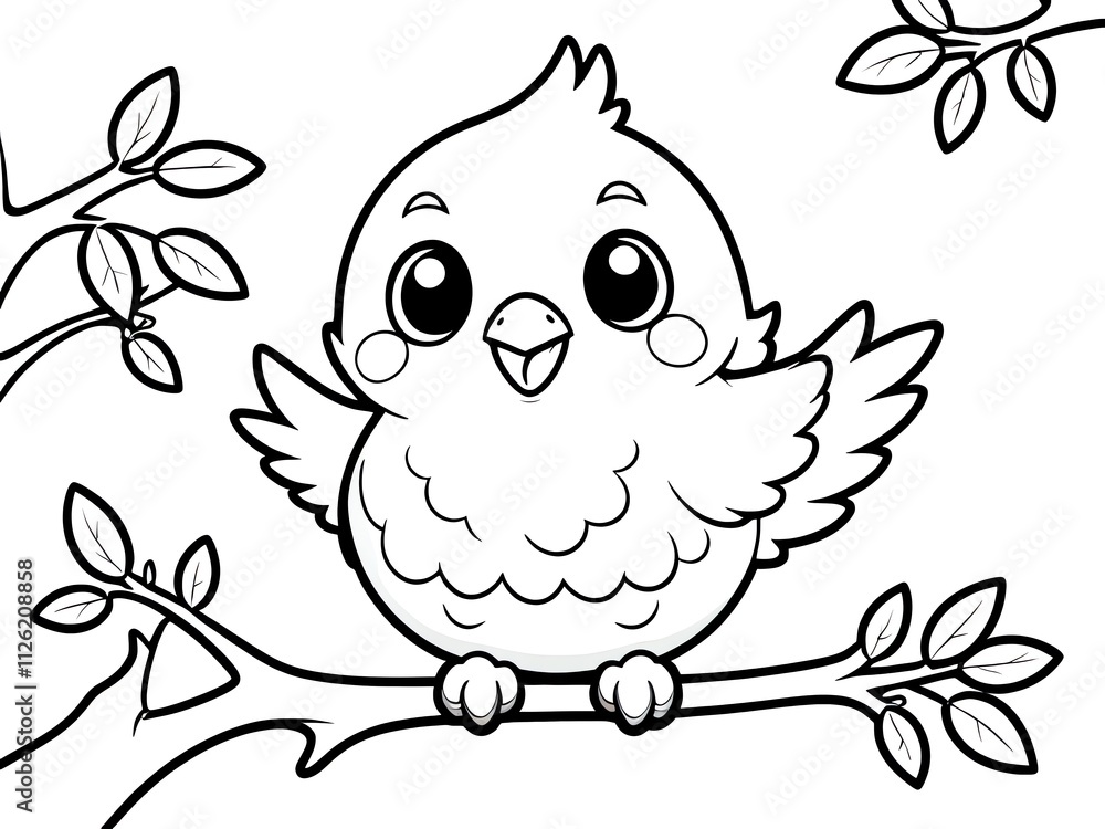 Fototapeta premium Adorable Little Bird on a Branch: A Coloring Page