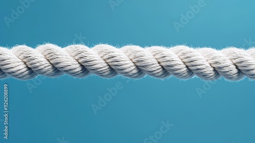 White rope is stretched out on a blue background. The rope is long and thin, and it is a single strand. The blue background gives the image a calm and serene mood photo