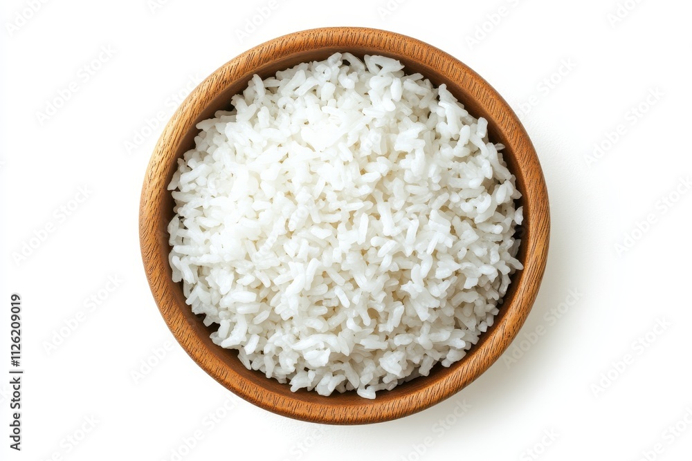 White rice served in a wooden bowl ready for a delicious meal or recipe preparation White rice served in a wooden bowl ready for a delicious meal or recipe preparation