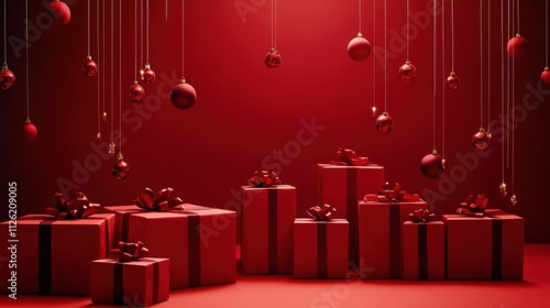 Christmas themed many reen and red gifts boxes on red solid backdrop table, christmas themed decors and string lightings hanging from above, Christmas background, copy space on right side 