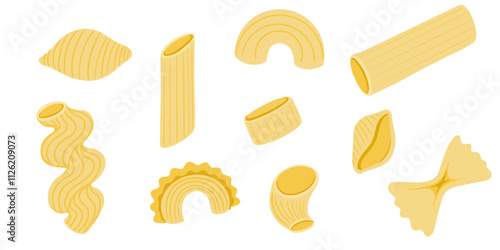 Italian pasta collection. Different types of macaroni. Hand drawn creste di galli, bow tie pasta, cavatappi, anelli, conchiglio, rigatoni, farfalle, penne isolated on background. Outline vector style.
