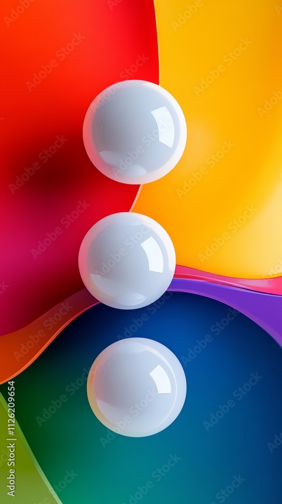 Three white spheres are displayed on a colorful background. The spheres are arranged in a way that they appear to be connected, possibly forming a larger shape or symbol
