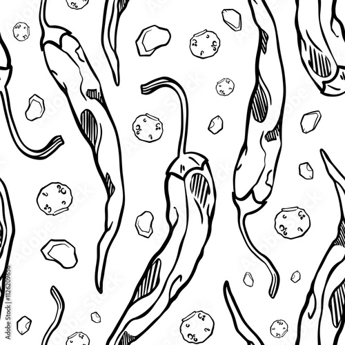 Hand drawn vector pattern with dried peppers and salt and spices.