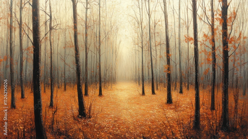 Forest in late autumn, bare trees with orange leaves on the ground, soft golden sunlight Forest in late autumn, bare trees with orange leaves on the ground, soft golden sunlight