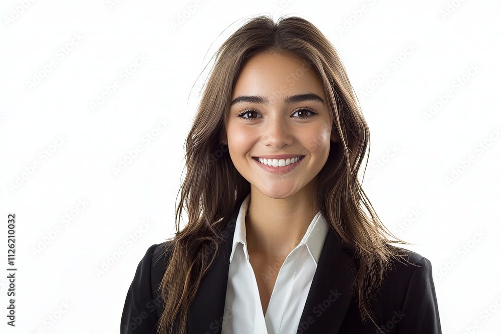 A woman in a business suit is smiling and looking at the camera A woman in a business suit is smiling and looking at the camera