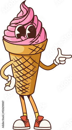 Groovy fast food ice cream cone retro cartoon character with funny face, vector emoji. Groovy ice cream dessert in wafer or gelato in waffle cone for fast food dessert or kids menu cartoon character
