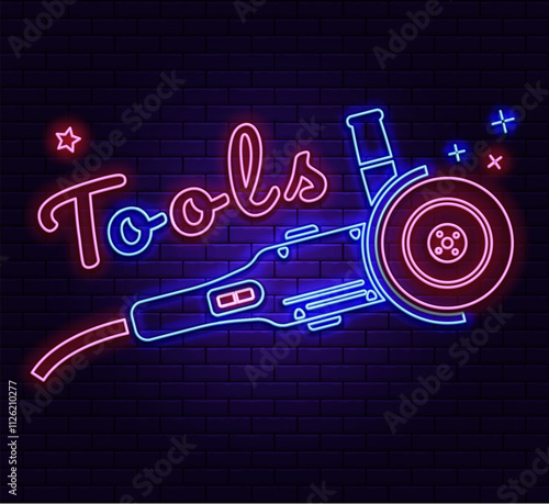 Neon sign Tools. The illuminated sign of Tools. Modern fashionable design: neon signs, bright night advertising, light banners and installations in the style of light art. Vector illustration